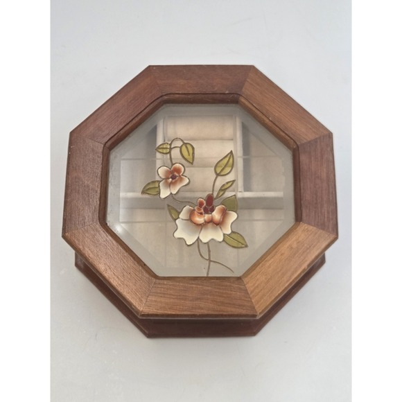 Other - Vintage Wooden Jewelry Box With Flowers On Glass 6.5 in  Octagon Lid.